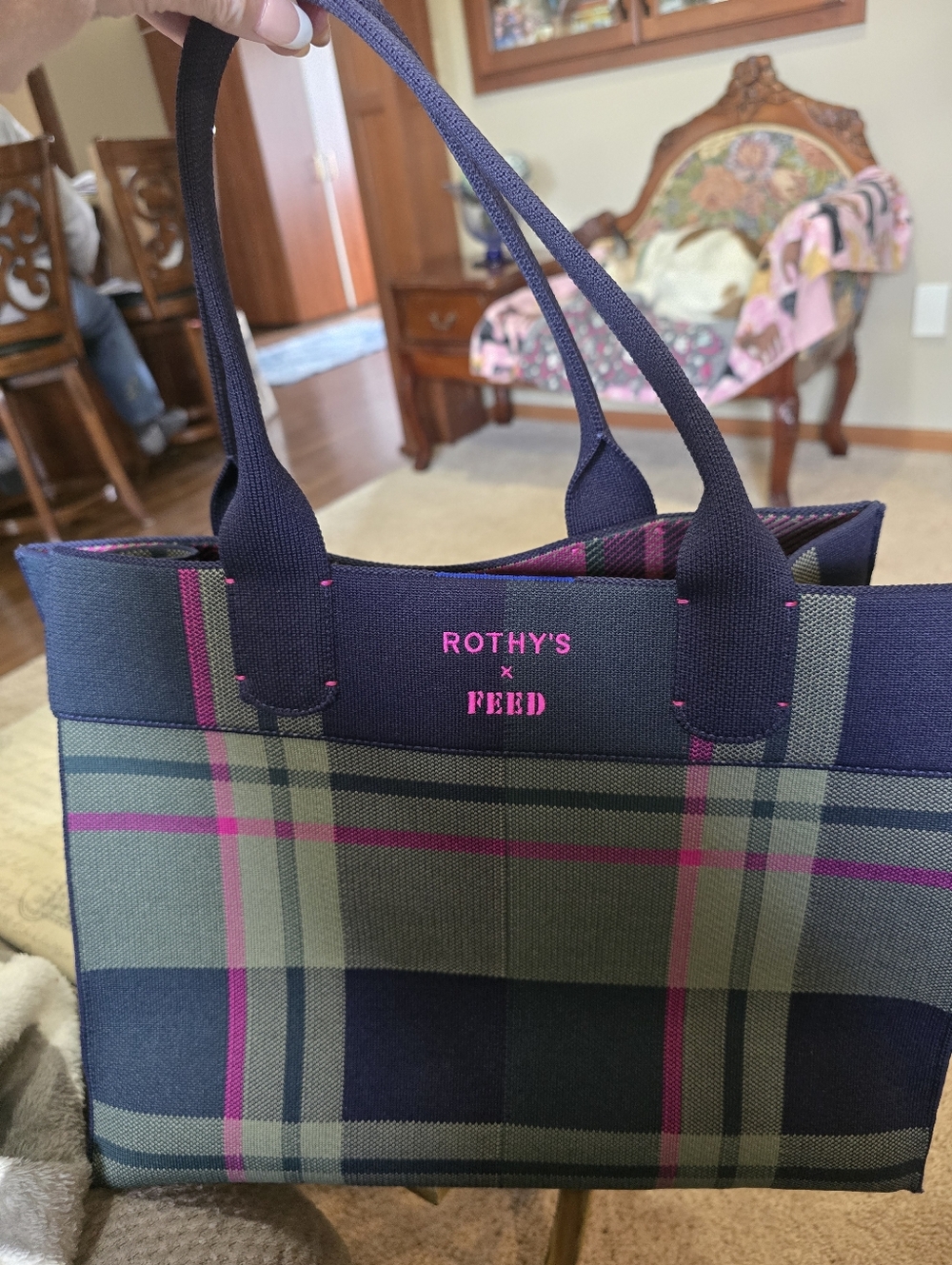 EUC Rothy's Feed Navy & Olive Plaid Tote with Pink Accents